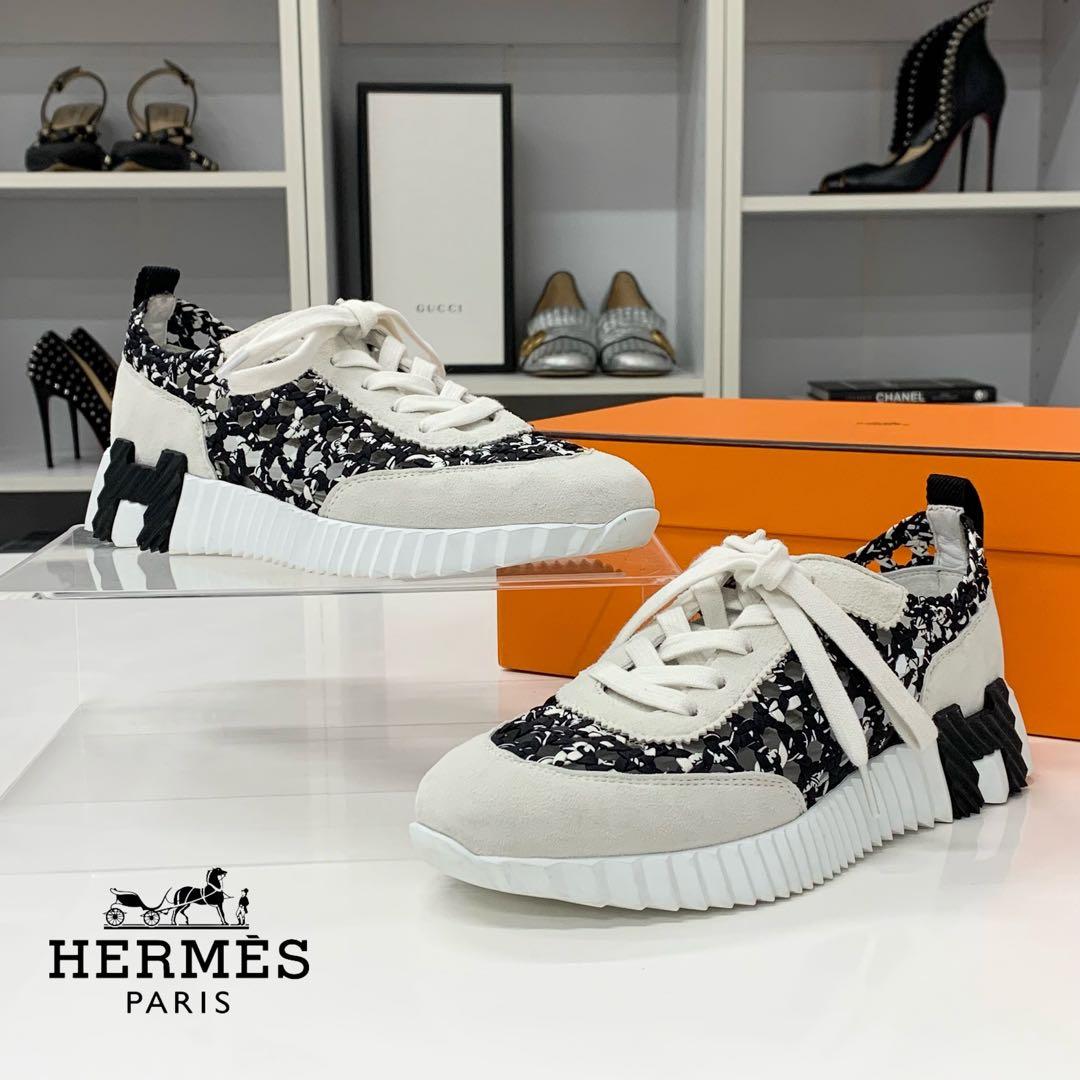 Hermes Bouncing Braided Silk Suede Sneakers Black