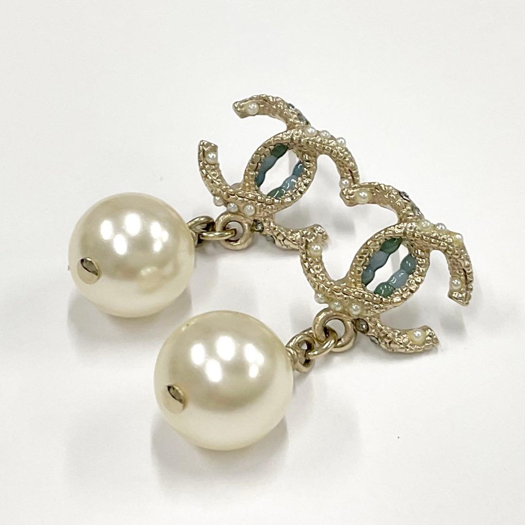 Chanel Earrings Coco Mark Rhinestone Pearl Gold