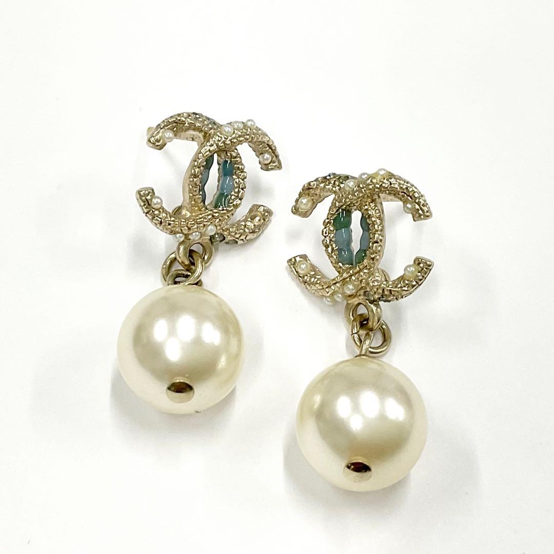 Chanel Earrings Coco Mark Rhinestone Pearl Gold