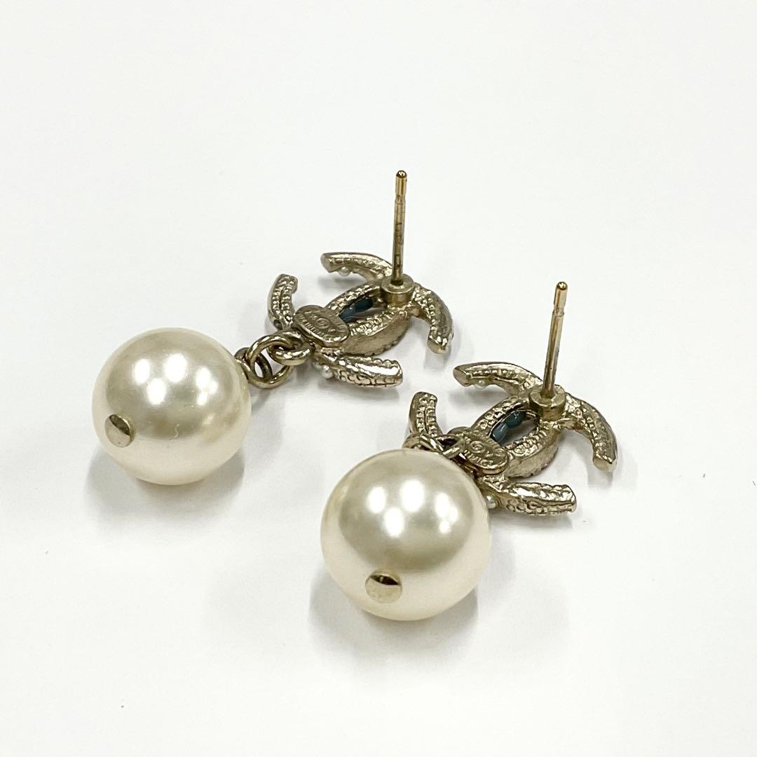 Chanel Earrings Coco Mark Rhinestone Pearl Gold