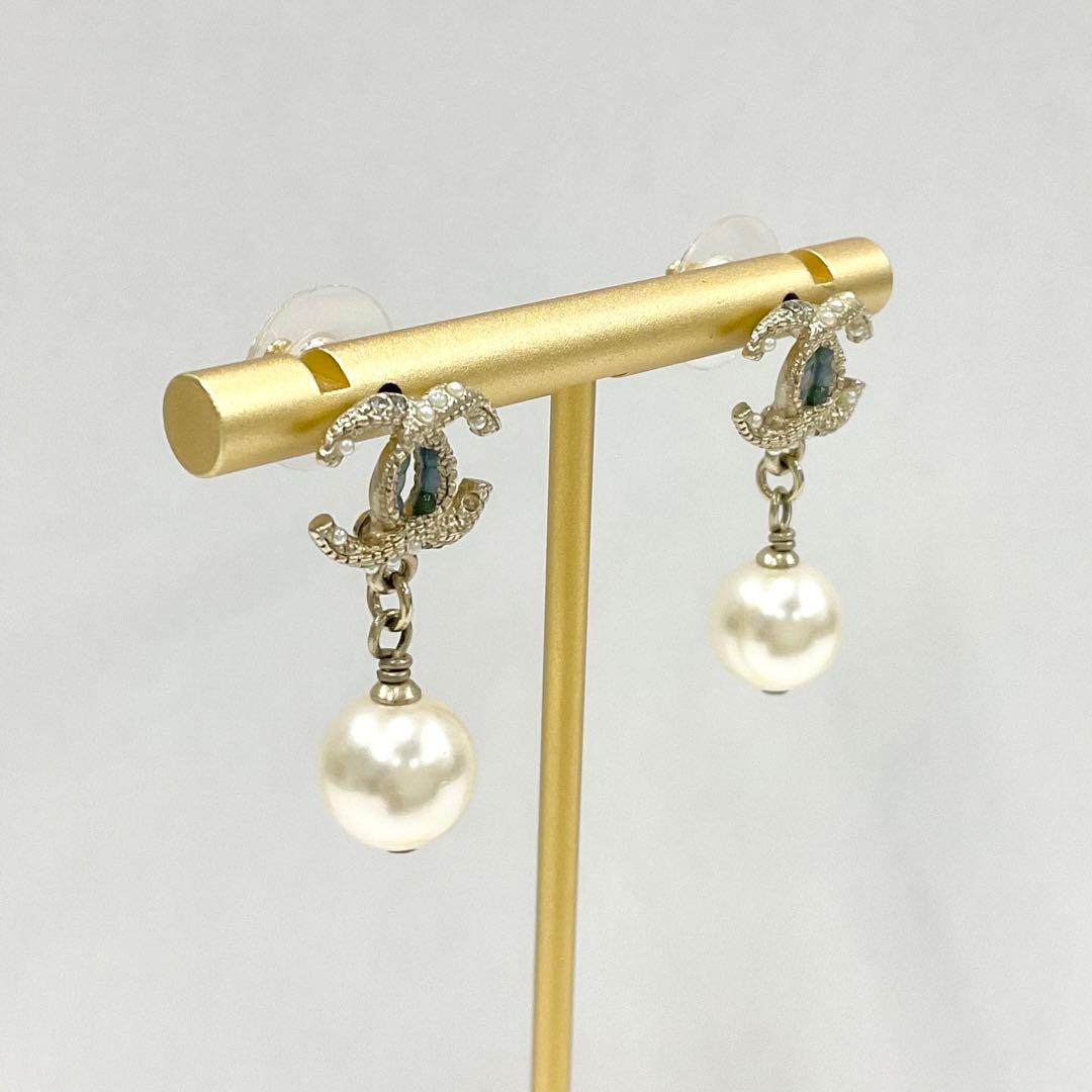 Chanel Earrings Coco Mark Rhinestone Pearl Gold