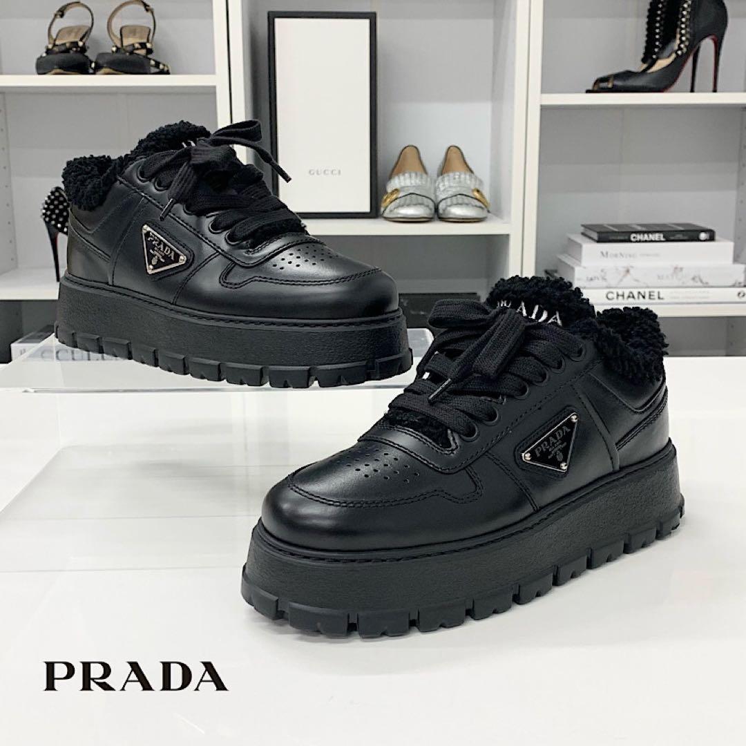 Prada Triangle Logo Leather Shearling Sneakers Black