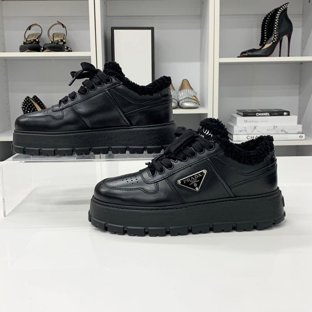 Prada Triangle Logo Leather Shearling Sneakers Black — view 2