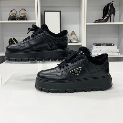 Prada Triangle Logo Leather Shearling Sneakers Black — view 2