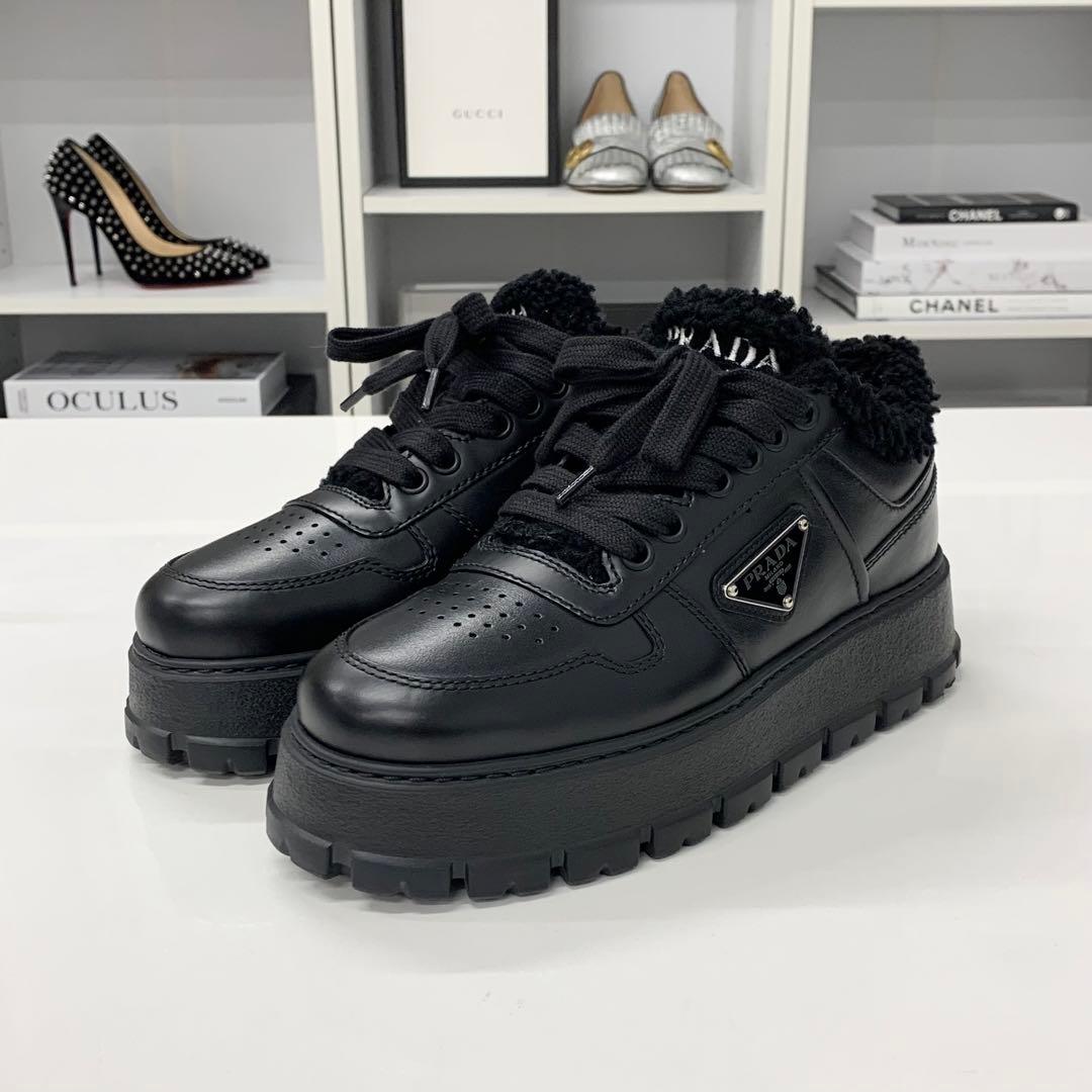 Prada Triangle Logo Leather Shearling Sneakers Black — view 3