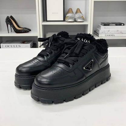 Prada Triangle Logo Leather Shearling Sneakers Black — view 3