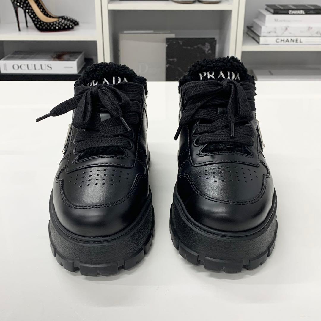 Prada Triangle Logo Leather Shearling Sneakers Black — view 4