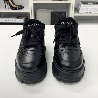 Prada Triangle Logo Leather Shearling Sneakers Black — view 4