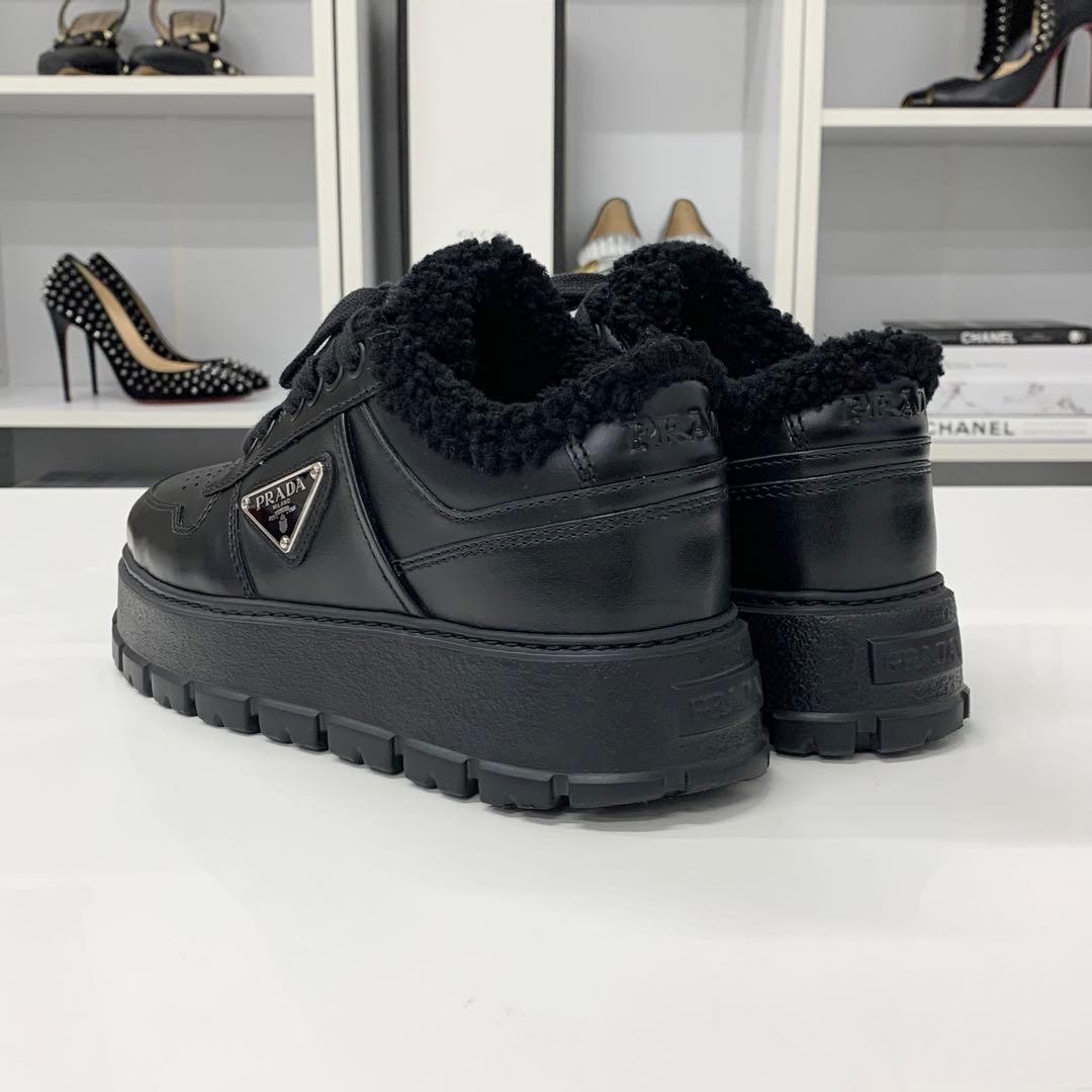 Prada Triangle Logo Leather Shearling Sneakers Black — view 5