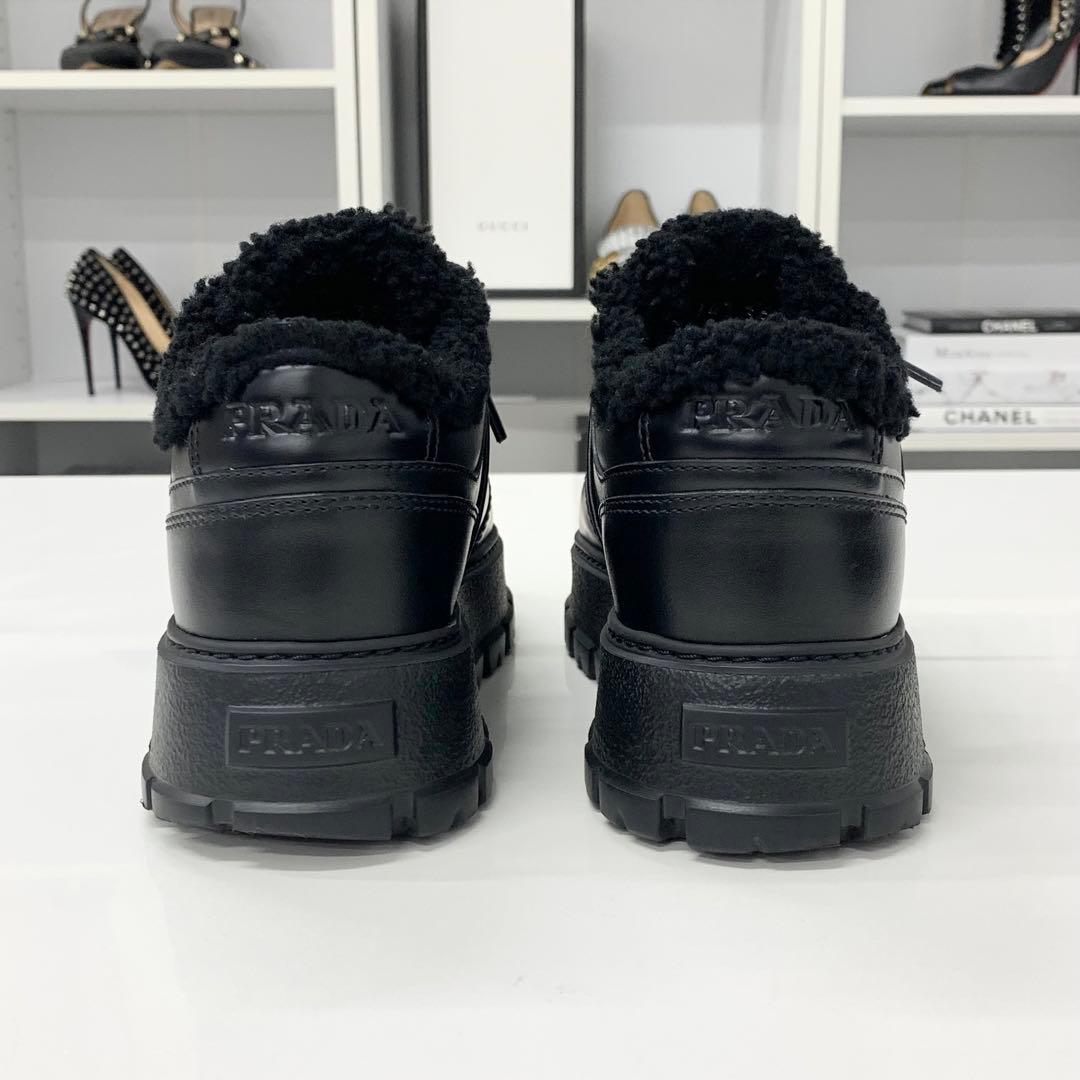 Prada Triangle Logo Leather Shearling Sneakers Black — view 6