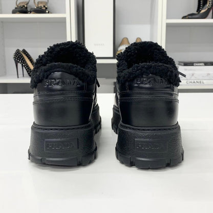 Prada Triangle Logo Leather Shearling Sneakers Black — view 6