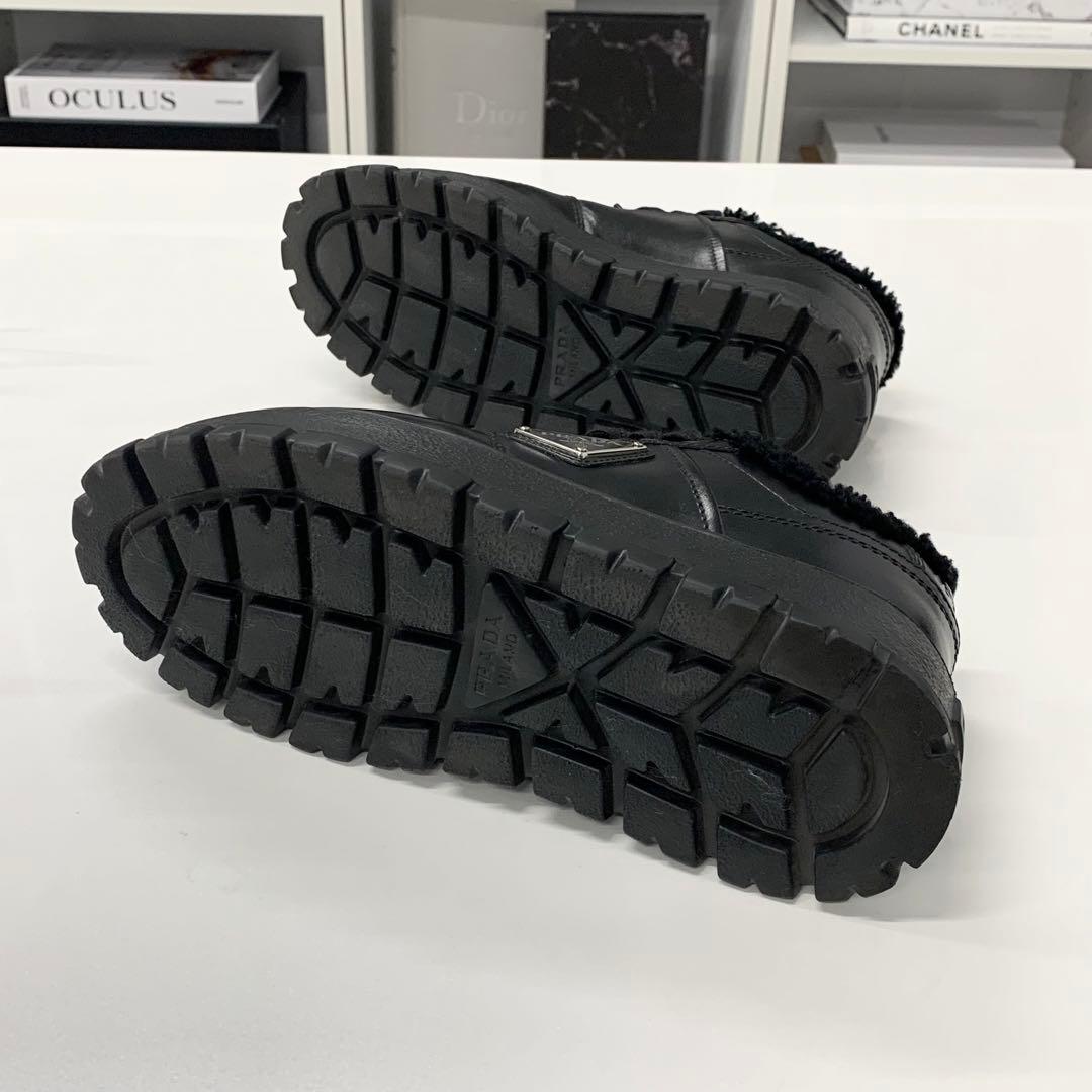 Prada Triangle Logo Leather Shearling Sneakers Black — view 7