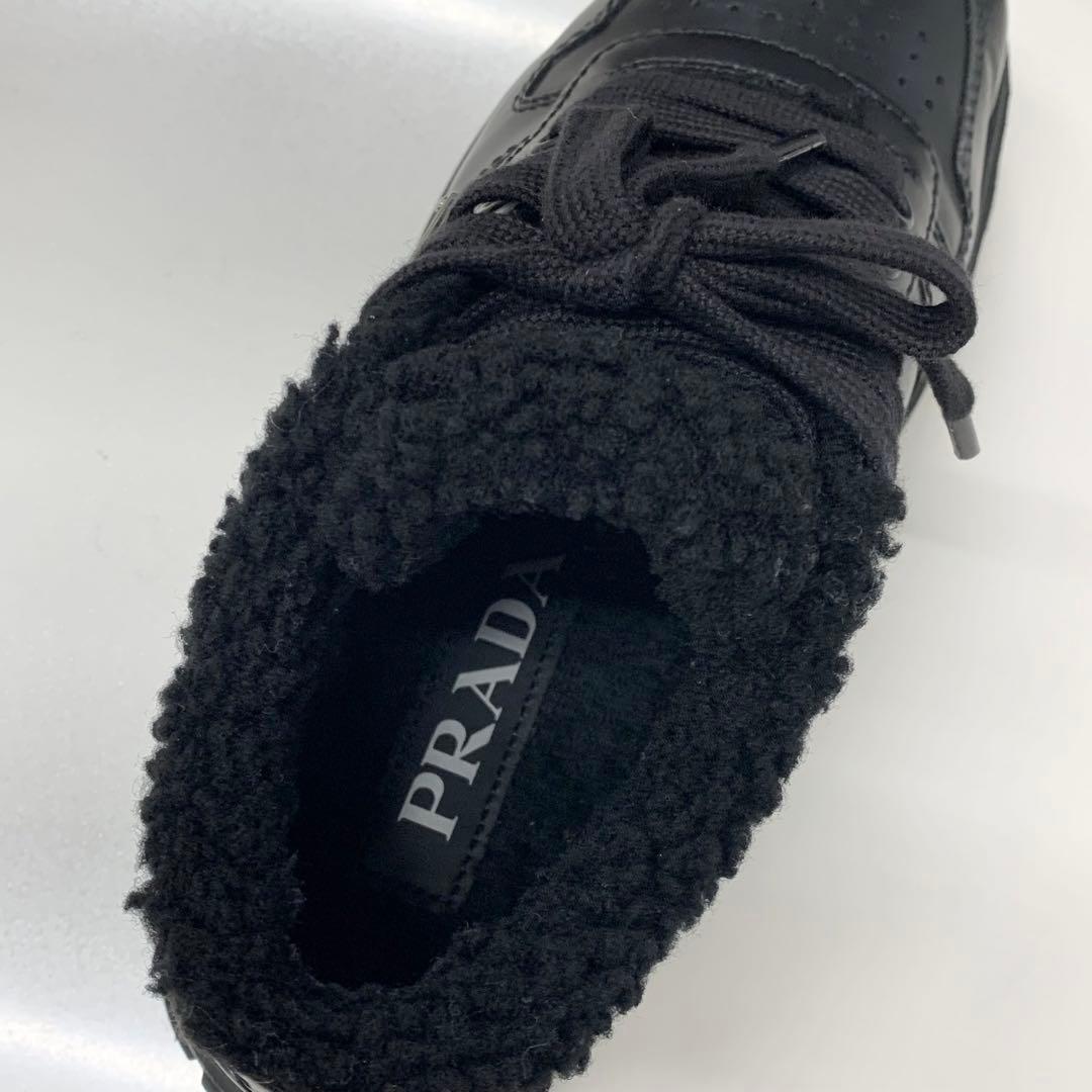 Prada Triangle Logo Leather Shearling Sneakers Black — view 8