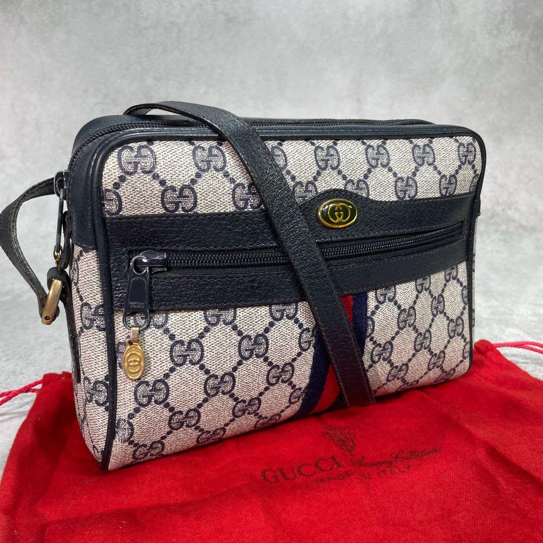 Gucci GG Sherry Line Shoulder Bag Navy Logo Leather