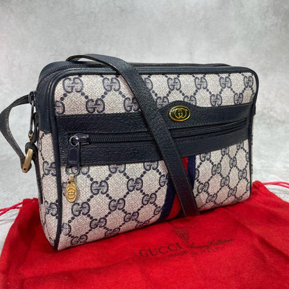 Gucci GG Sherry Line Shoulder Bag Navy Logo Leather