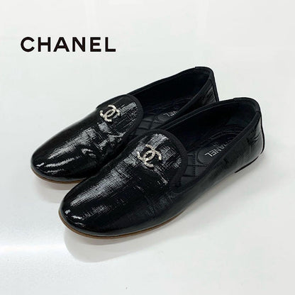 Chanel CC Logo Patent Quilted Opera Shoes Loafers Black