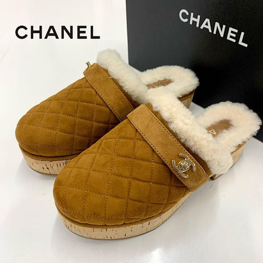 Chanel Suede Shearling Turnlock Quilted Clog Sandals Brown