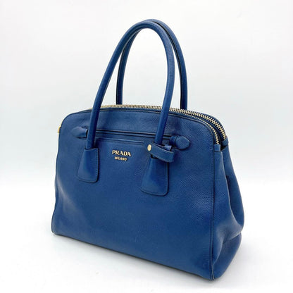 Prada Tote Bag Logo Hardware Saffiano Leather Blue