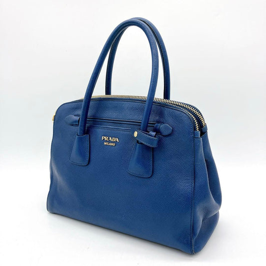 Prada Tote Bag Logo Hardware Saffiano Leather Blue