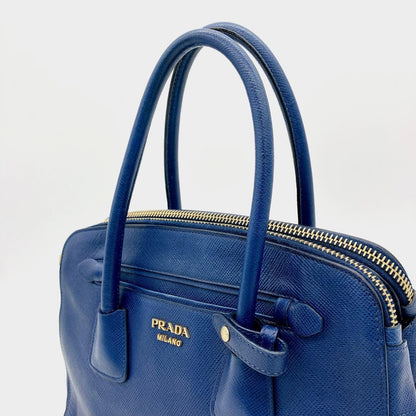 Prada Tote Bag Logo Hardware Saffiano Leather Blue