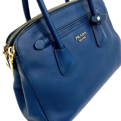 Prada Tote Bag Logo Hardware Saffiano Leather Blue