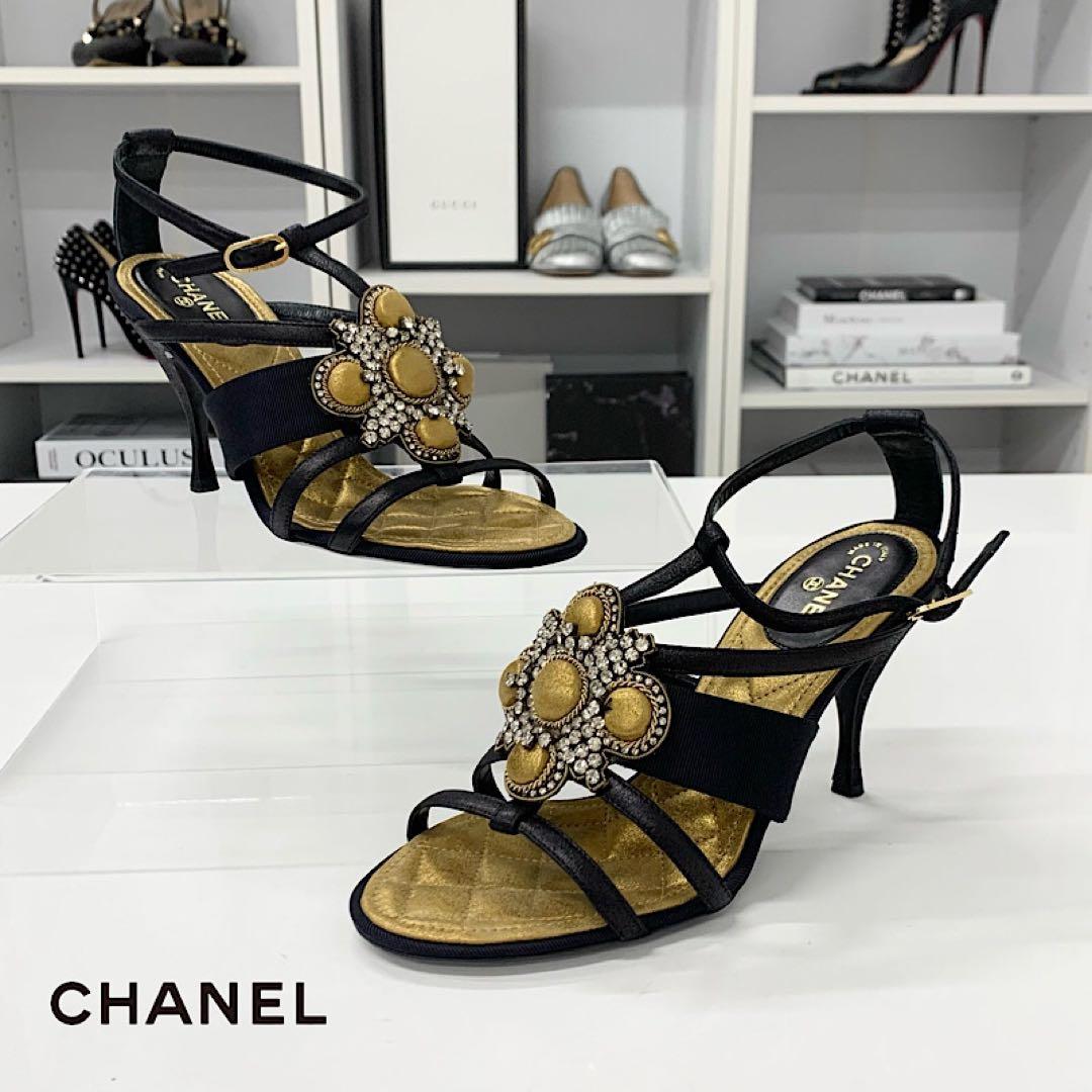 Chanel Leather Bijou Strap Sandals Black