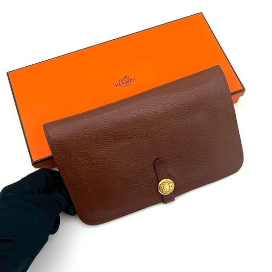 Hermes Dogon GM Togo Wallet Brown Silver Leather