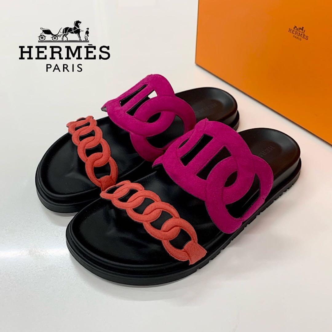 Hermes Extra Chaine D'ancre Suede Flat Sandals Pink