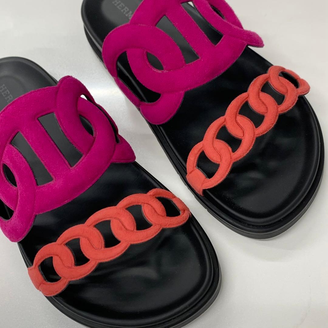 Hermes Extra Chaine D'ancre Suede Flat Sandals Pink — view 9