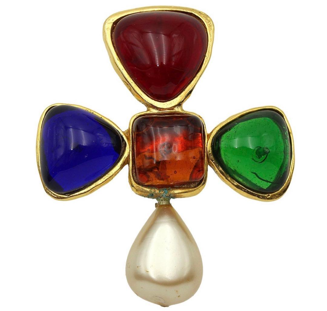 Chanel Gripoa And Faux Pearl Cross Brooch