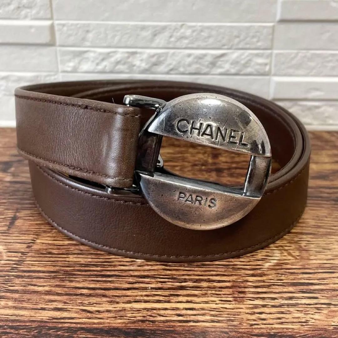 Chanel Leather Silver Buckle Belt Brown