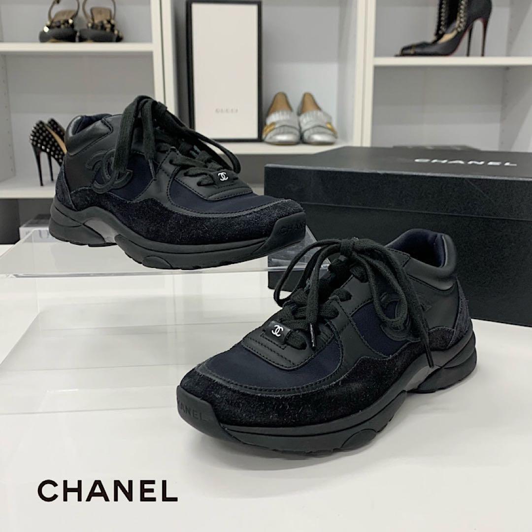 Chanel CC Logo Leather Fabric Suede Sneakers Black