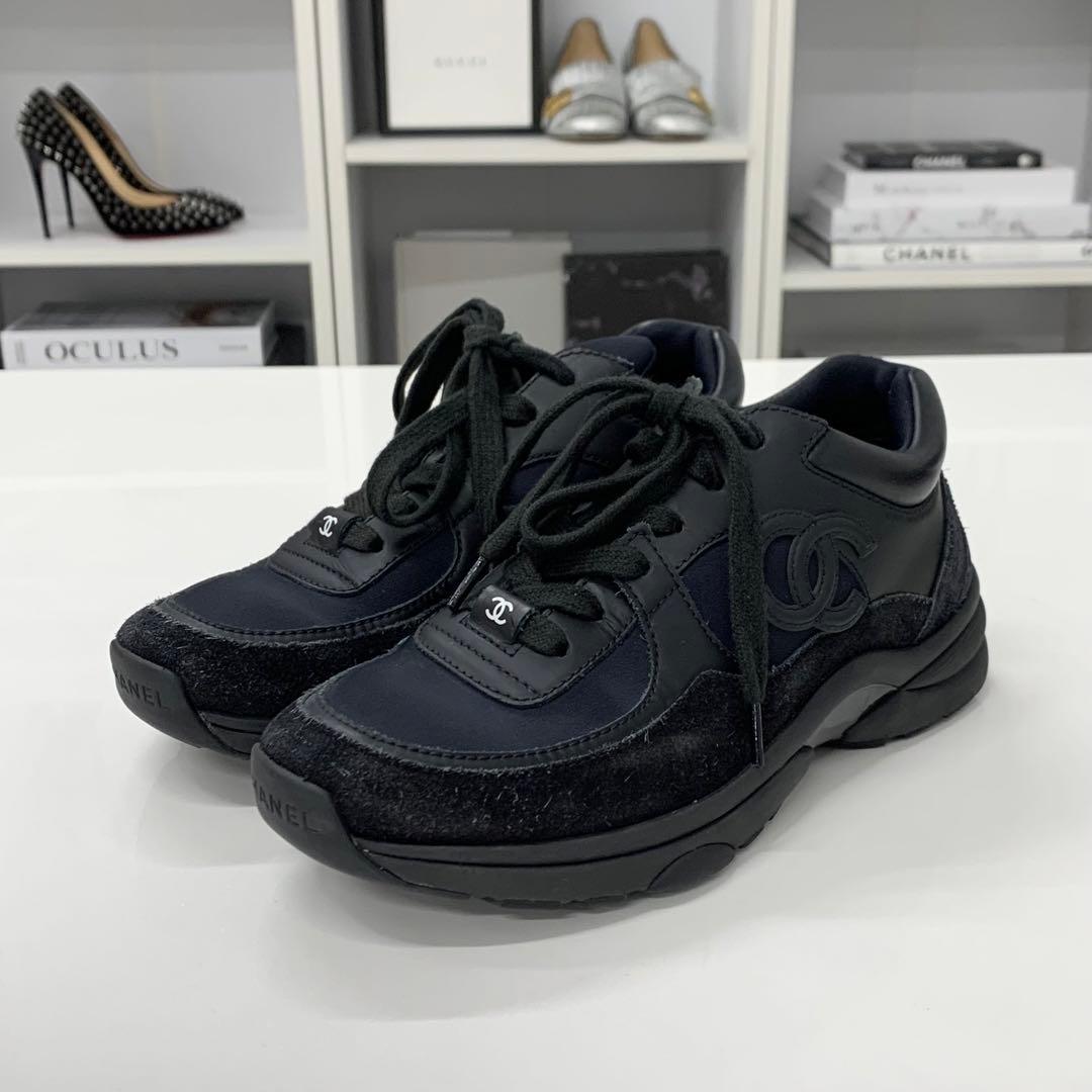 Chanel CC Logo Leather Fabric Suede Sneakers Black — view 3