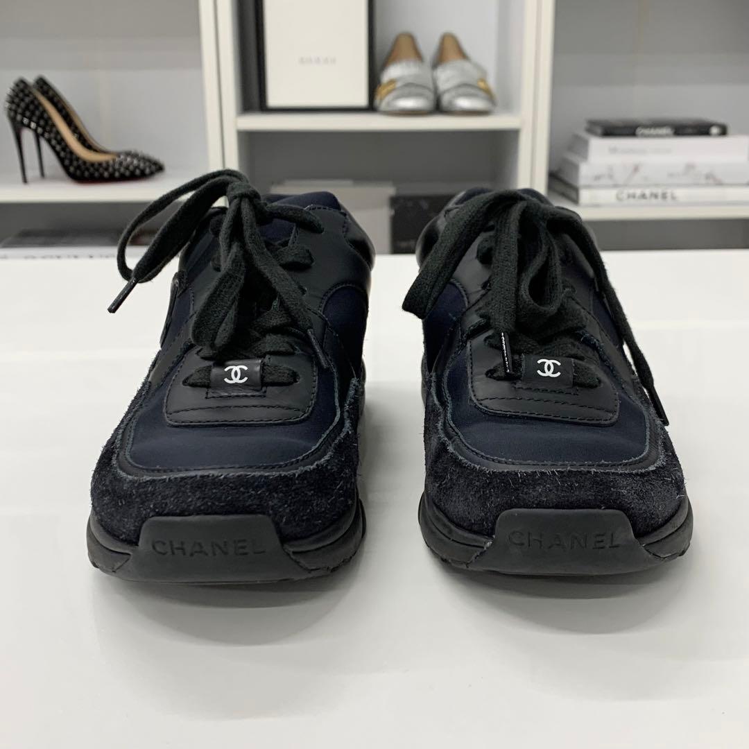 Chanel CC Logo Leather Fabric Suede Sneakers Black — view 4
