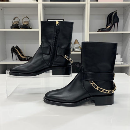 Chanel Leather CC Logo Chain Short Boots Black — view 2