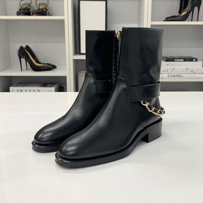 Chanel Leather CC Logo Chain Short Boots Black — view 3