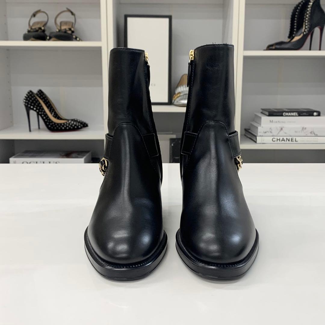 Chanel Leather CC Logo Chain Short Boots Black — view 4