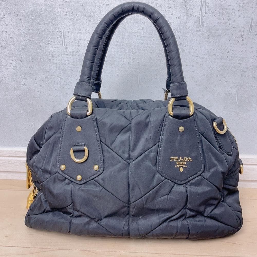 Prada Quilted 2-Way Handbag Black Logo Tessuto