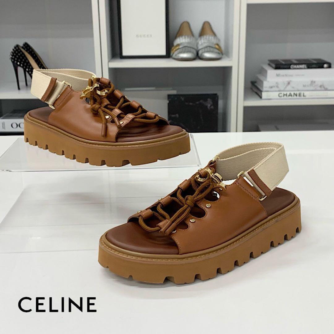 Celine Billie Triomphe Leather Canvas Velcro Chunky Sandals
