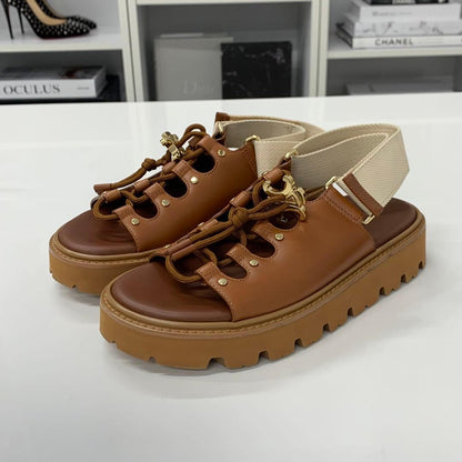 Celine Billie Triomphe Leather Canvas Velcro Chunky Sandals — view 3