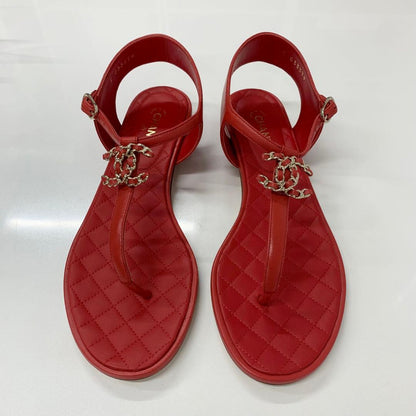 Chanel Cocomark Leather Chain Strap Thong Sandals Red