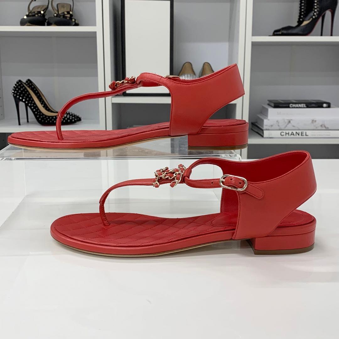 Chanel Cocomark Leather Chain Strap Thong Sandals Red