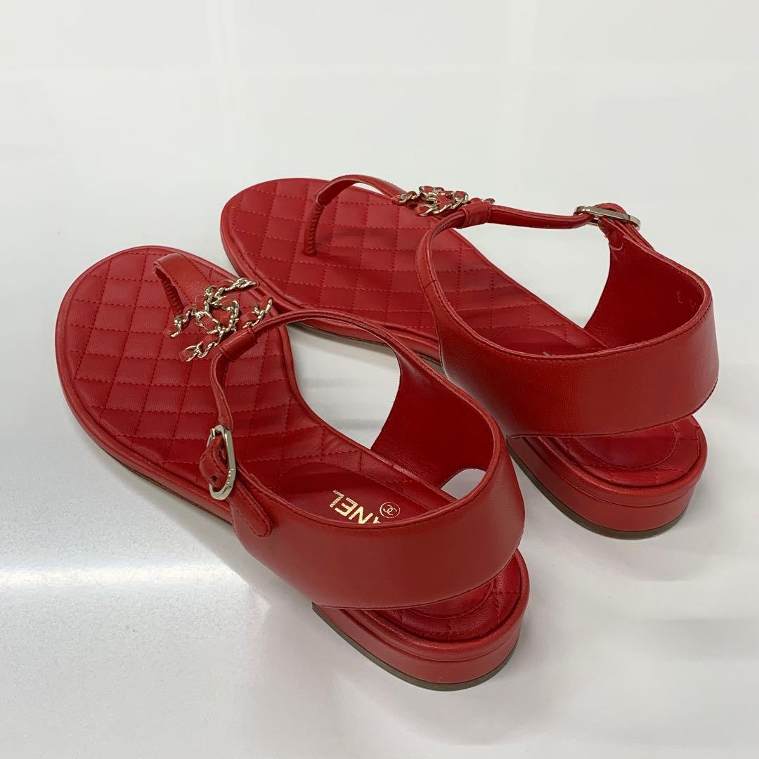 Chanel Cocomark Leather Chain Strap Thong Sandals Red
