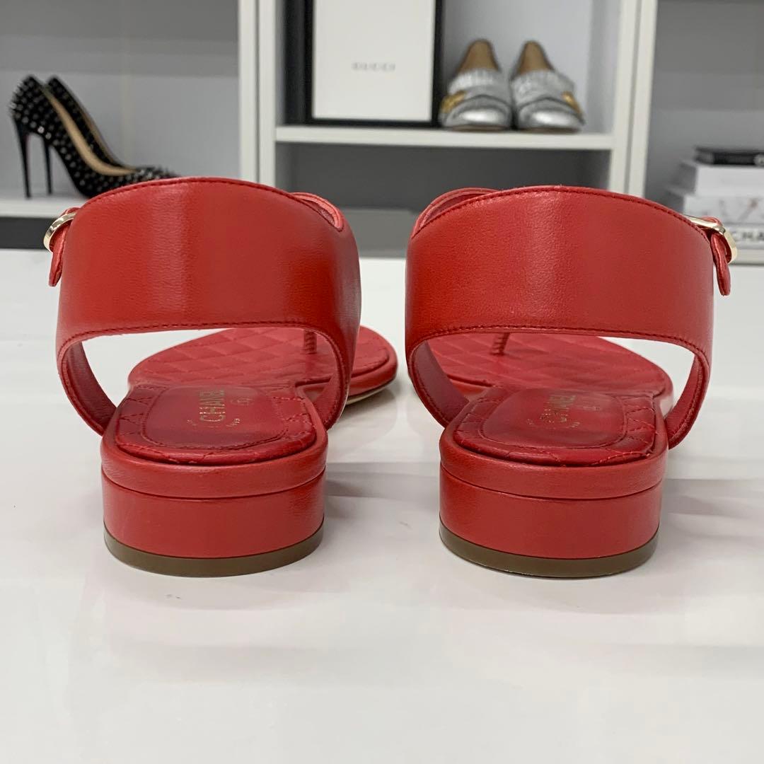 Chanel Cocomark Leather Chain Strap Thong Sandals Red