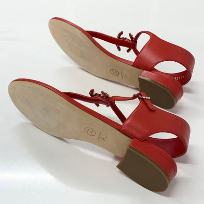 Chanel Cocomark Leather Chain Strap Thong Sandals Red