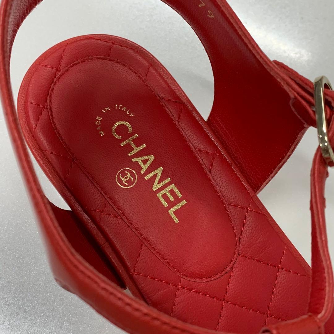Chanel Cocomark Leather Chain Strap Thong Sandals Red