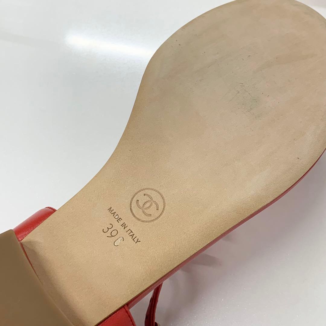 Chanel Cocomark Leather Chain Strap Thong Sandals Red