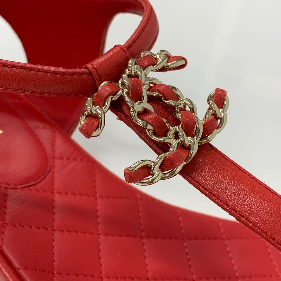 Chanel Cocomark Leather Chain Strap Thong Sandals Red