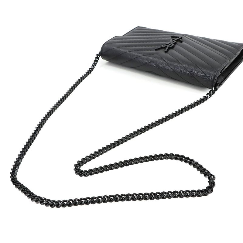 Saint Laurent Cassandra Chain Wallet Long Wallet Leather Black 377828 Silver