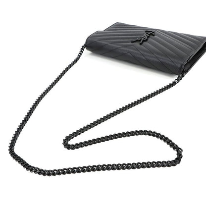Saint Laurent Cassandra Chain Wallet Long Wallet Leather Black 377828 Silver